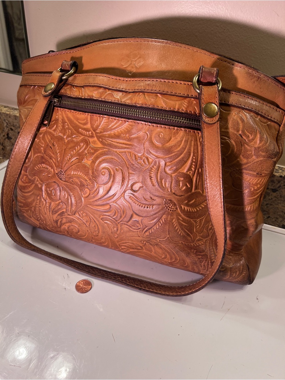 Patricia Nash Tooled Leather Shoulder Bag - Cognac